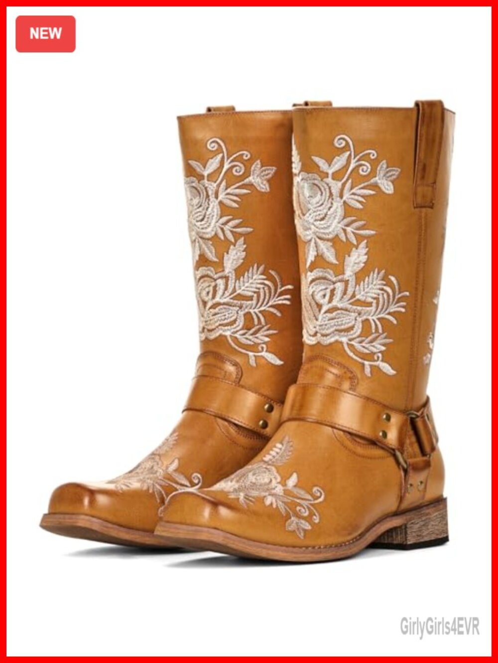 Women's Mid Calf Cowgirl Boots with Square Toe and Floral Embroidery Faux